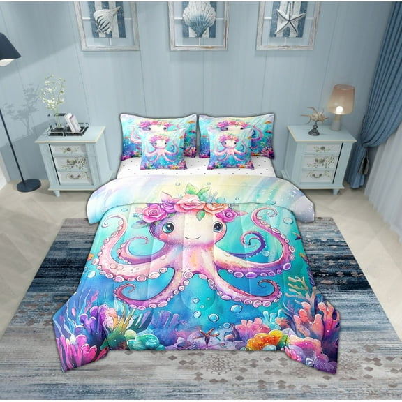 Erosebridal Teen Flower Octopus Bedding Sets Twin Size,Cartoon Sealife Comforter Sets with Sheets,Marine Room Decorative,Breathable,7pcs