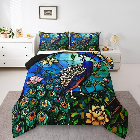 Erosebridal Chic Peacock Comforter Sets Twin Size, Lotus Floral Comforters & Duvets, Bird Wildlife Bedroom Decor, Reversible 2pcs