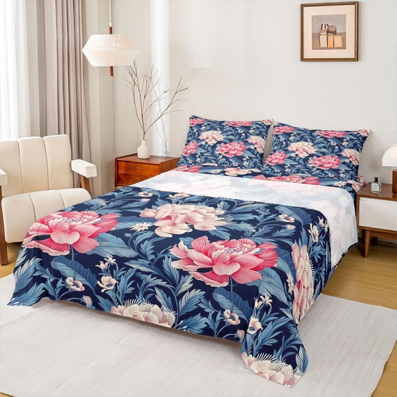 Erosebridal Chic Peony Flower Full Size Sheets for Girls, Tropical Floral Bed Sheets, 4 Pieces, 1 Flat Sheet 1 Fitted Sheet and 2 Pillowcases