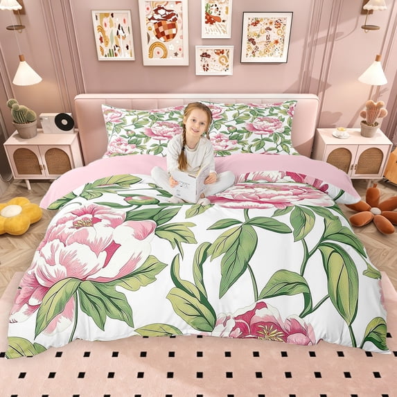 Erosebridal Chic Pink Flower Duvet Cover Set for Girls, Green Leaves Bedding Full, Pink Reversible, 3pcs 1 Duvet Cover and 2 Pillowcases, No Comforter
