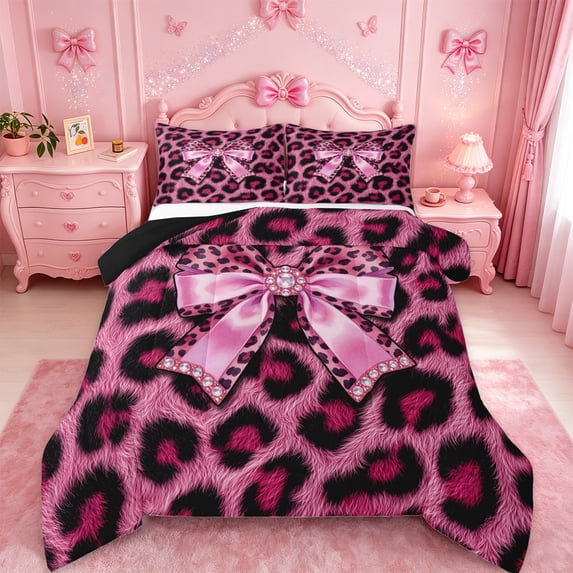 Erosebridal Chic Pink Leopard Print Full Size Comforter Sets For Girls,Kids Princess Bowknot Bedding Sets,Black Reversible,3 Pieces