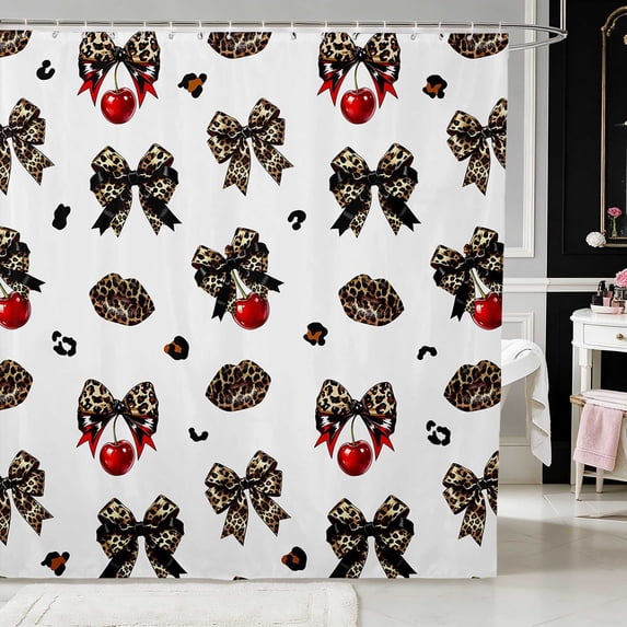 Erosebridal Chic Satin Bow Ribbon Shower Curtain 72Wx84L for Girls, Romantic Floral Print Waterproof Bathroom Shower Curtain