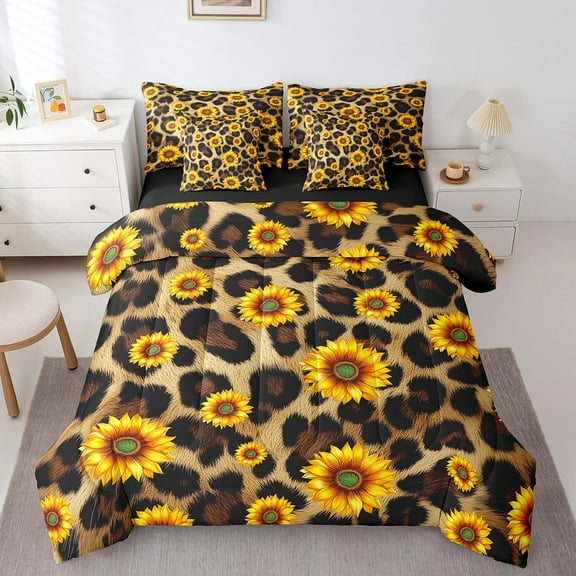 Erosebridal Chic Sunflower Bedding Queen Size, Brown Cheetah Print Bed in a Bag Queen size, Leopard Print Decor, Reversible 7pcs