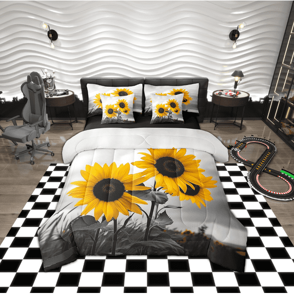 Erosebridal Chic Sunflower Flower Bed in a Bag King Size, Chic Floral Bed Set, Blossoms Bedroom Decor, Reversible 7pcs