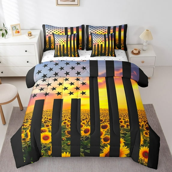 Erosebridal Chic Sunflower Garden Bed in a Bag Twin Size, American Flag Bed Set, Floral Bedroom Decor Microfiber 7 Pieces