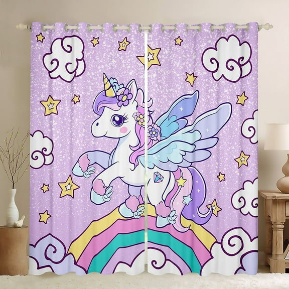Erosebridal Chic Unicorn Curtains for Living Room,Cartoon Rainbow Blackout Curtains Set of 2(38x45),Multicolor Stars Curtains and Drapes(38x45) For Girls,Breathable Room Decoration