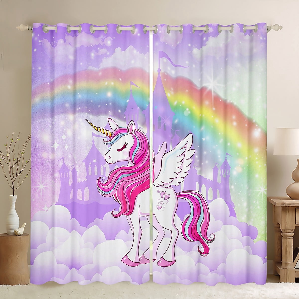 Erosebridal Chic Unicorn Curtains for Living Room,Cartoon Rainbow Blackout Curtains Set of 2(42x63),Fairy Castle Silhouette Curtains and Drapes(42x63) For Girls,Breathable Room Decoration