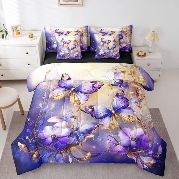 Erosebridal Chic Vintage Flowers Twin Bedding Sets 7-Piece For Teens Adults,Purple Golden Butterflies Bedding Comforter Set For Girls,Black Reversible