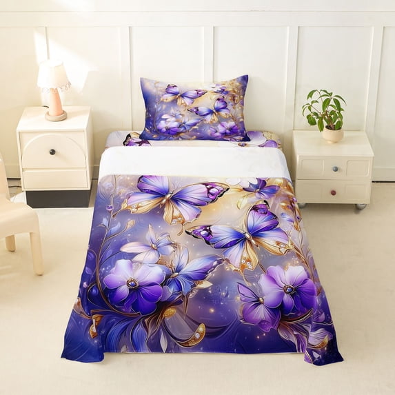Erosebridal Chic Vintage Flowers Twin Sheet Sets 3pcs For Teens Adults,Purple Golden Butterflies Bedding For Girls