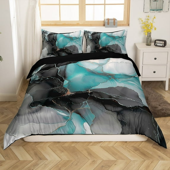 Erosebridal Chic Watercolor Duvet Cover Queen Size Black Teal Marble Bedding Set, Stone Pattern Comforter Cover Golden Metallic Bed Set, Aesthetic Foil Print Bedroom Set Teens Adults