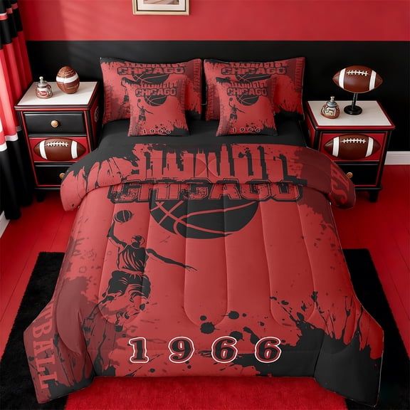 Erosebridal Chicago Bedding Sets Twin Size,Basketball Sports Comforter Sets with Sheets,Red Black Splashing Ink Bed in a Bag Twin Size,Ultra Soft Room Decor Reversible,7-Piece
