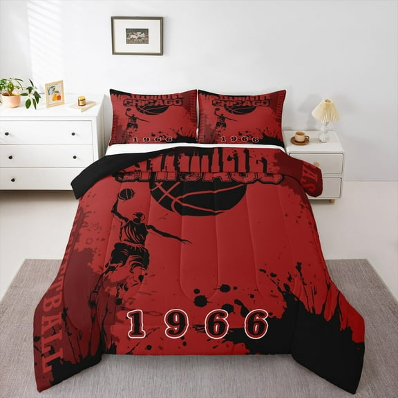 Erosebridal Chicago Bedding Twin Comforter Set,Basketball Sports Down Comforter,Red Black Splashing Ink Bedding Sets Twin with Comforter,Ultra Soft Room Decor Reversible,2 Pieces