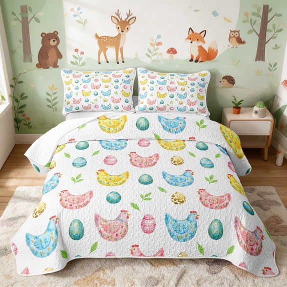 Erosebridal Chicken Quilt King for Girls, Easter Eggs King Coverlet Set, 3-Piece 1 Bedspread and 2 Pillowcases