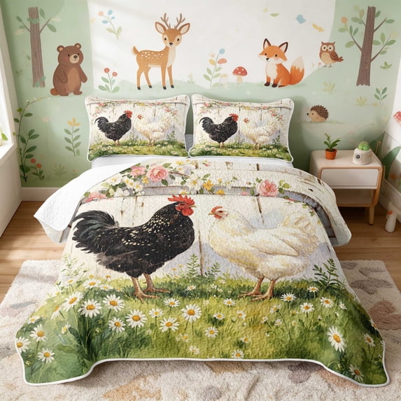 Erosebridal Chicken Quilt King for Girls, Rose Garden King Coverlet Set, 3 Pieces 1 Bedspread and 2 Pillowcases
