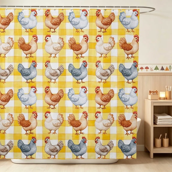 Erosebridal Chicken Shower Curtain 72Wx72L for Boys Girls, Yellow Gingham Waterproof Bathroom Curtain