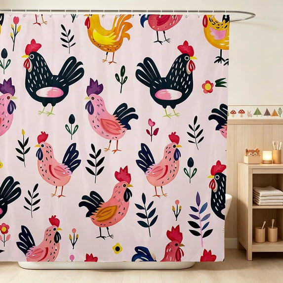 Erosebridal Chicken Shower Curtain 72Wx78L for Girls, Pink Folk Waterproof Bath Curtain
