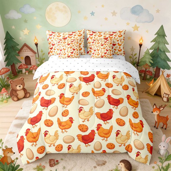 Erosebridal Chicken Twin Bedding for Boys Girls, Farm Eggs Bedding Comforter Set, Reversible 7pcs