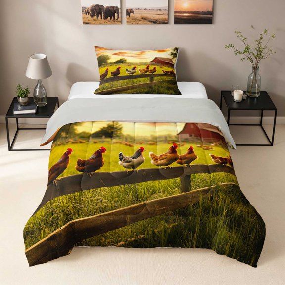 Erosebridal Chicken Twin Comforter Sets, Farm Sunset Bedding Set, Gray Reversible 2-Piece 1 Comforter and 1 Pillowcase