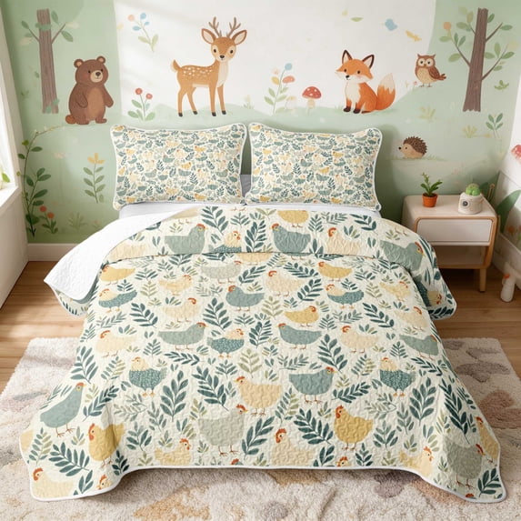 Erosebridal Chicken Twin Quilt Set for Boys Girls, Muted Leaves Twin Coverlet Set, 2pcs 1 Bedspread and 1 Pillowcase