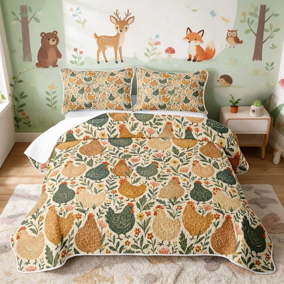 Erosebridal Chicken Twin Quilt Set for Girls, Wildflowers Twin Coverlet Set, 2-Piece 1 Bedspread and 1 Pillowcase