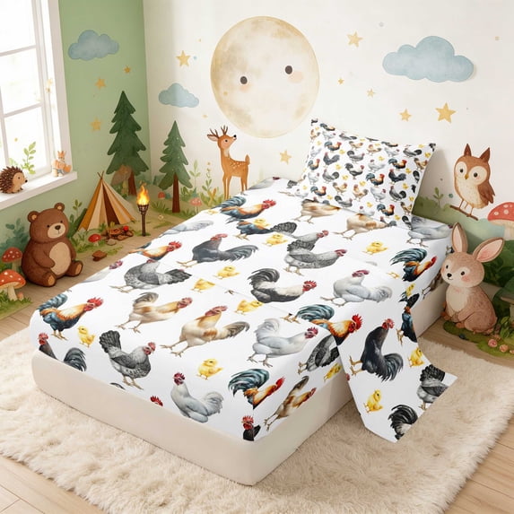 Erosebridal Chicken Twin Sheets for Boys Girls, Little Chicks Bedding, 3pcs 1 Flat Sheet 1 Fitted Sheet and 1 Pillowcase