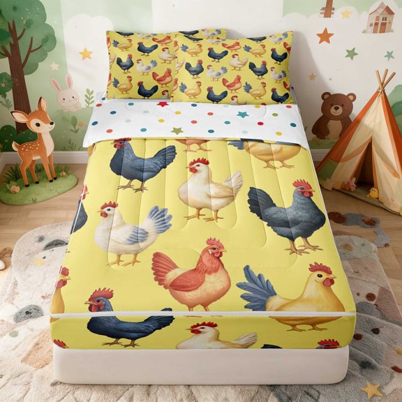 Erosebridal Chicken Zipper Twin Comforter Sets with Fitted Sheet and 2 Pillowcases for Boys Girls, Yellow Background Zipper Bedding Set, Polka Dots Reversible