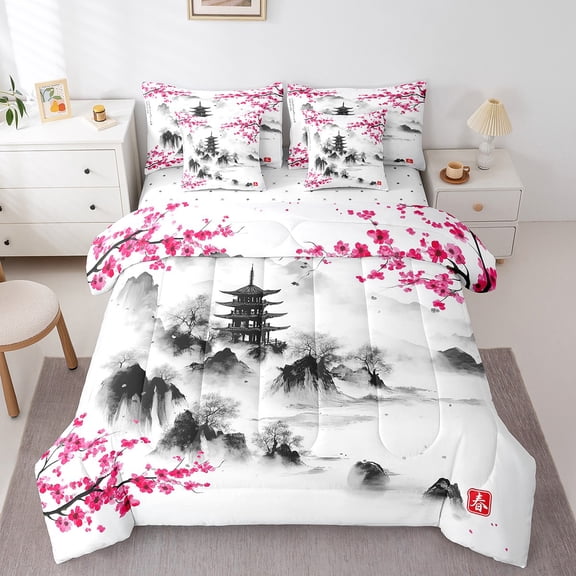 Erosebridal Chinese Ink Bedding Sets Full Size, Pink Blossoms Comforter Sets with Sheets, Watercolor Mountain Reversible Bed Sheets Set, Microfiber Bedroom Decorative, 7pcs