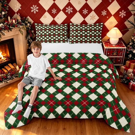 Erosebridal Christmas Argyle King Size Comforter Sets, Vintage Plaid Comforters King Size, Dark Green White, Christmas Reversible, 3pcs, 1 Comforter and 2 Pillowcases