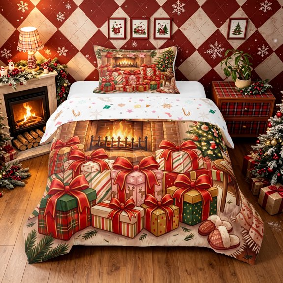 Erosebridal Christmas Fireplace Twin Comforter Sets, Stocking Gift Bedding Set, Orange Red, Christmas Reversible, 2 Pieces, 1 Comforter and 1 Pillowcase