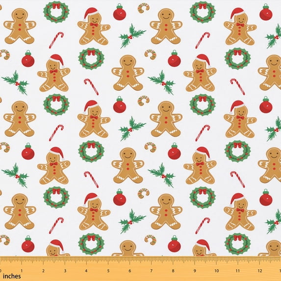 Erosebridal Christmas Gingerbread Fabric by the Yard 3 Yards, Wreath Candy Cane Ornament Pattern Room Decor Fabric by the Yard