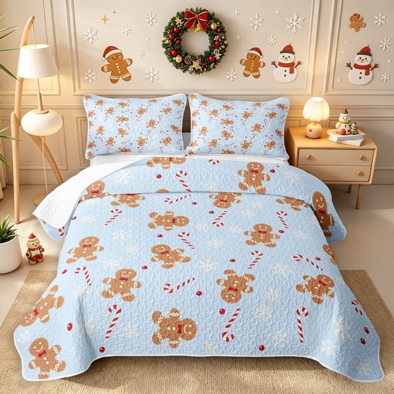 Erosebridal Christmas Gingerbread Man Quilt Full 3-Piece,Happy Xmas Full Bedspread Sets,Light Blue,1 Coverlet and 2 Pillowcases
