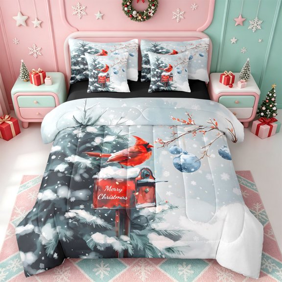 Erosebridal Christmas Happy Holiday 7 Pieces Full Size Bedding Sets,Festive Cardinal Bird Full Size Bed in a Bag,Black Reversible