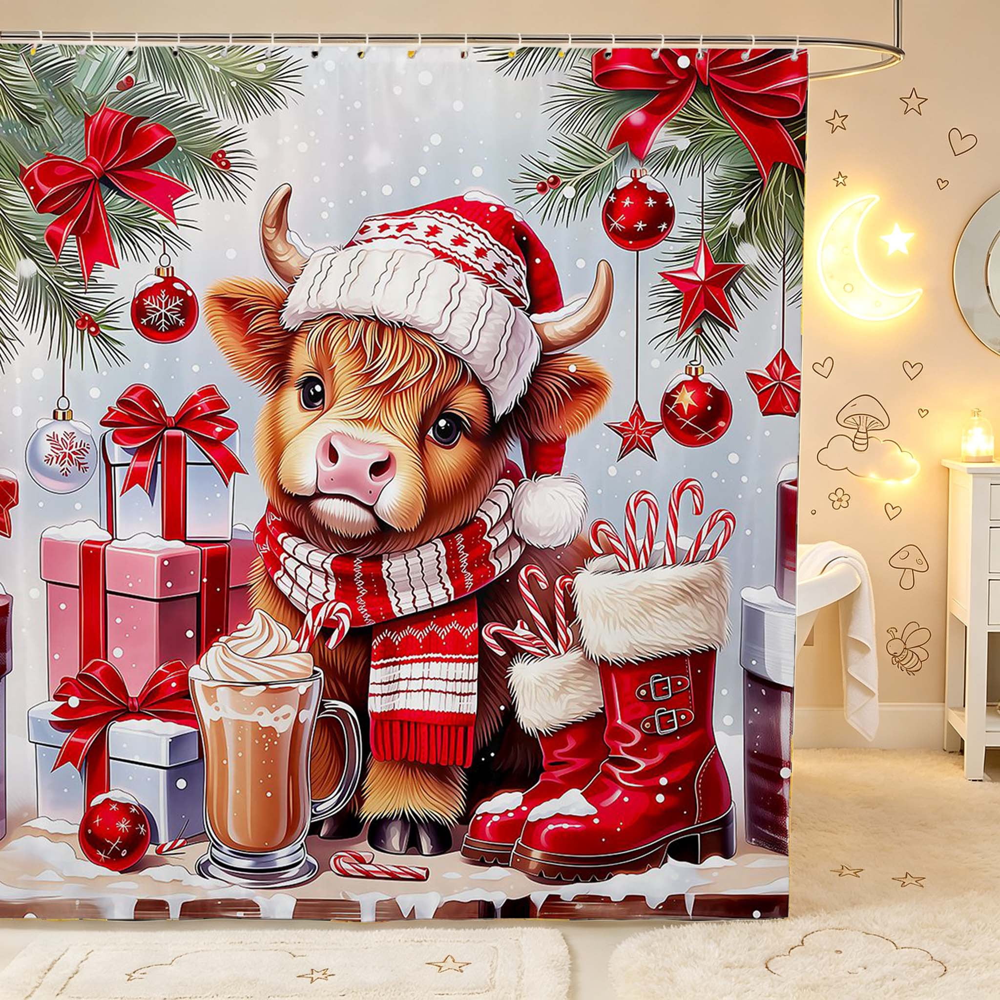 Red Foshon Erosebridal Christmas Highland Cow Shower Curtain 72Wx78L,Red Candy ...