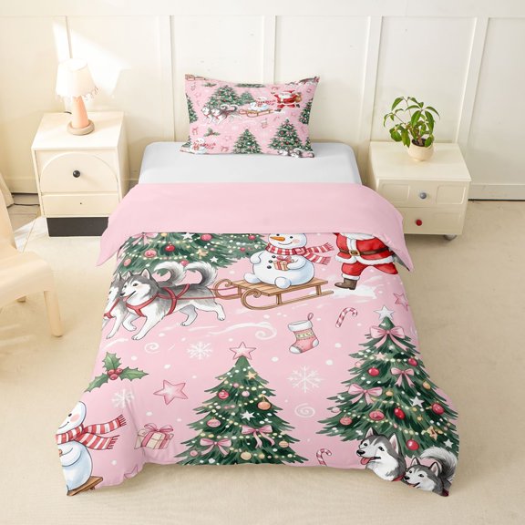 Erosebridal Christmas Husky Twin Duvet Cover, Sled Snowman Twin Bedding, Pink, Pink Reversible, 2-Piece, 1 Duvet Cover and 1 Pillowcase (No Comforter)