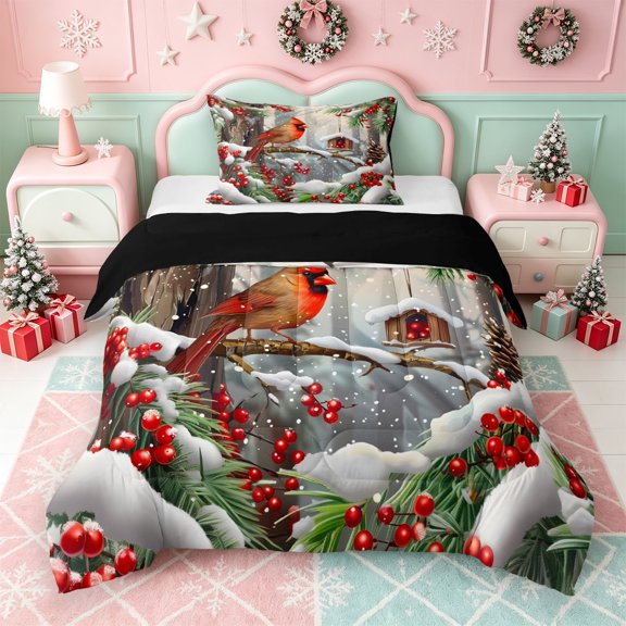 Erosebridal Christmas Kawaii Winter Twin Comforter Sets,Festive Cardinal Bird Bedding Set,Black Reversible,2pcs,1 Comforter and 1 Pillowcase