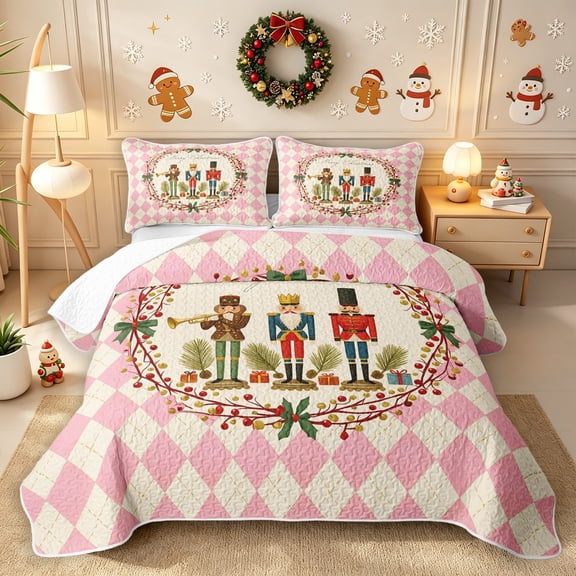 Erosebridal Christmas Nutcracker Bed Spread Queen 3pcs,Happy Xmas Queen Coverlet Set,Light Pink,1 Quilt and 2 Pillowcases