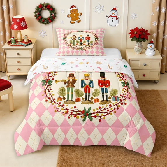 Erosebridal Christmas Nutcracker King Size Comforter Sets 3pcs,Happy Xmas Comforters King Size,Light Pink,Reversible,1 Comforter and 2 Pillowcases