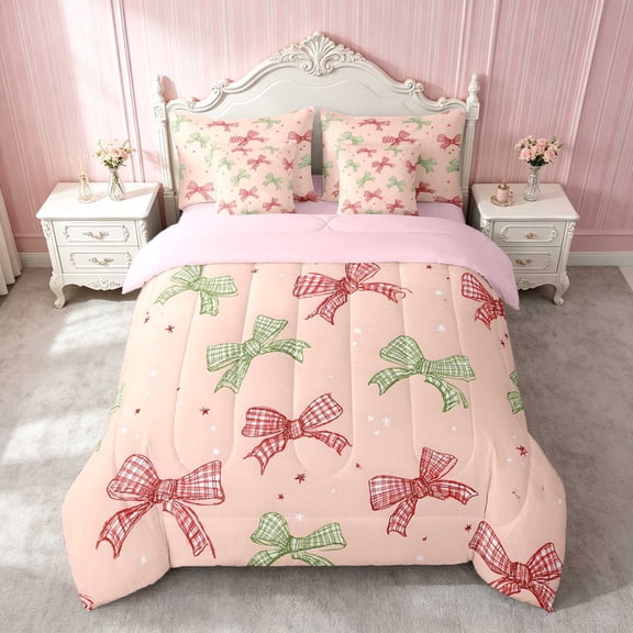 Erosebridal Christmas Plaid Bow Twin Bedding for Girls, Holiday Red Green Tartan Bedding Comforter Set, Pink Reversible 7 Pieces