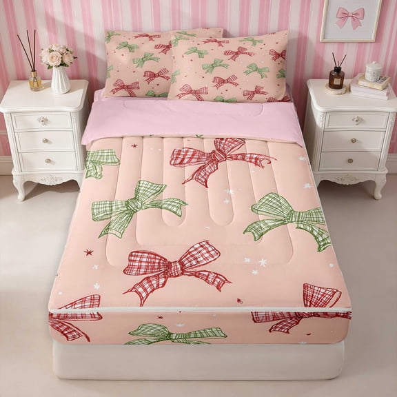 Erosebridal Christmas Plaid Bow Zipper Twin Comforter Sets with Fitted Sheet and 2 Pillowcases, Holiday Red Green Tartan Zipper Bedding Set for Girls, Pink Reversible