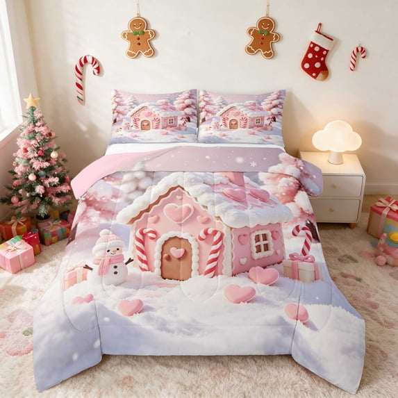 Manfei Christmas Queen Comforter Set Candy Comforter Sets Queen, Lilac White 3-Pieces 1 Comforter and 2 Pillowcases, Pink Reversible