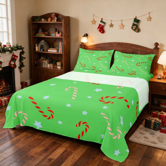 Manfei Christmas Queen Sheets Candy Queen Sheet Sets, Cream Green 4pcs (1 Flat Sheet, 1 Fitted Sheet and 2 Pillowcases)