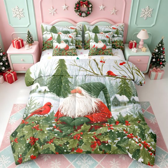 Erosebridal Christmas Santa 7 Pieces Full Size Bedding Sets,Cardinal Winter Forest Full Size Bed in a Bag,Xmas Reversible
