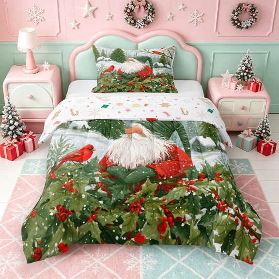 Erosebridal Christmas Santa Twin Comforter Sets,Cardinal Winter Forest Bedding Set,2-Piece,1 Comforter and 1 Pillowcase,Xmas Reversible