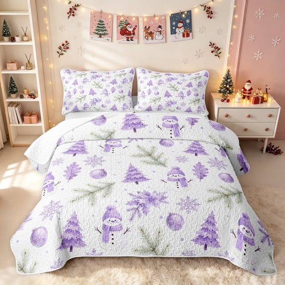 Erosebridal Christmas Snowman Twin Quilt Set, Pink Tree Twin Coverlet Set, White Purple, 2 Pieces, 1 Bedspread and 1 Pillowcase