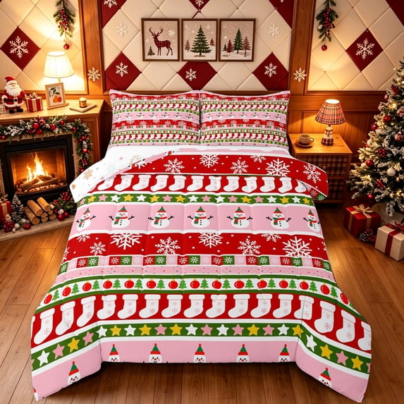 Erosebridal Christmas Stripe Full Size Comforter Sets, Stocking Snowman Bedding Comforter Set, Pink Red, Christmas Reversible, 3pcs, 1 Comforter and 2 Pillowcases