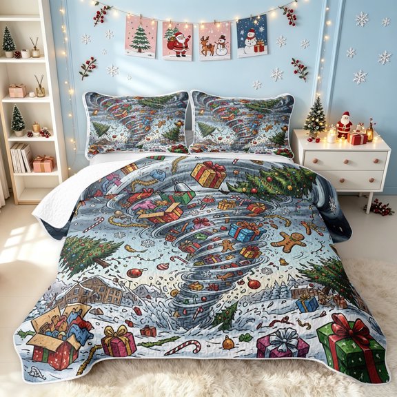 Erosebridal Christmas Tornado Bed Spread Queen, Village Ornament Queen Coverlet Set, Blue Gray, 3 Pieces, 1 Quilt and 2 Pillowcases