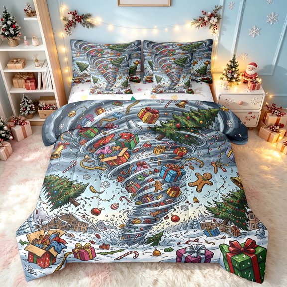 Erosebridal Christmas Tornado Queen Bedding, Village Ornament Bedding Comforter Set Queen, Blue Gray, Christmas Reversible, 7 Pieces