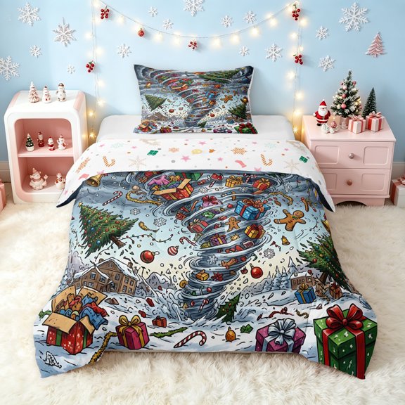 Erosebridal Christmas Tornado Twin Comforter Sets, Village Ornament Bedding Set, Blue Gray, Christmas Reversible, 2 Pieces, 1 Comforter and 1 Pillowcase