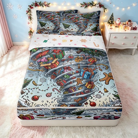 Erosebridal Christmas Tornado Zipper Twin Comforter Sets with Fitted Sheet and 2 Pillowcases, Village Ornament Zipper Bedding Set, Blue Gray, Christmas Reversible, 4 Pieces