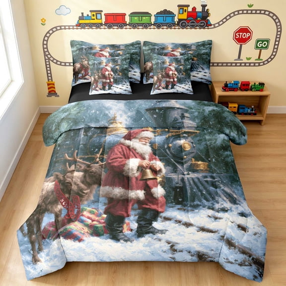 Erosebridal Christmas Train Twin Bedding, Santa Bedding Comforter Set, Christmas Santa, Black Reversible 7 Pieces